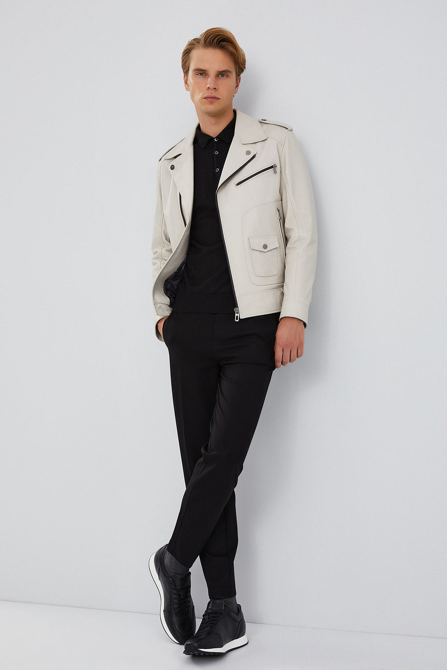 Carter Men's Beige Biker Leather Coat