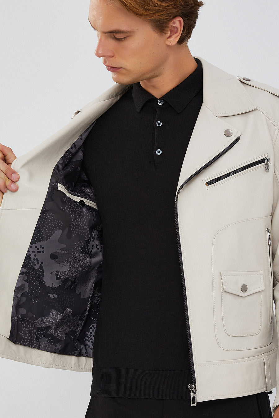 Carter Men's Beige Biker Leather Coat