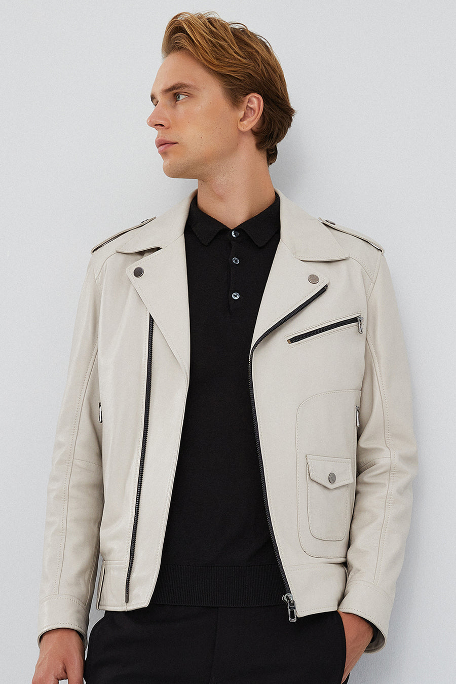 Carter Men's Beige Biker Leather Coat
