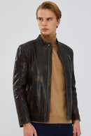 Durant Men's Brown Slim-Fit Vintage Leather Jacket | Derimod