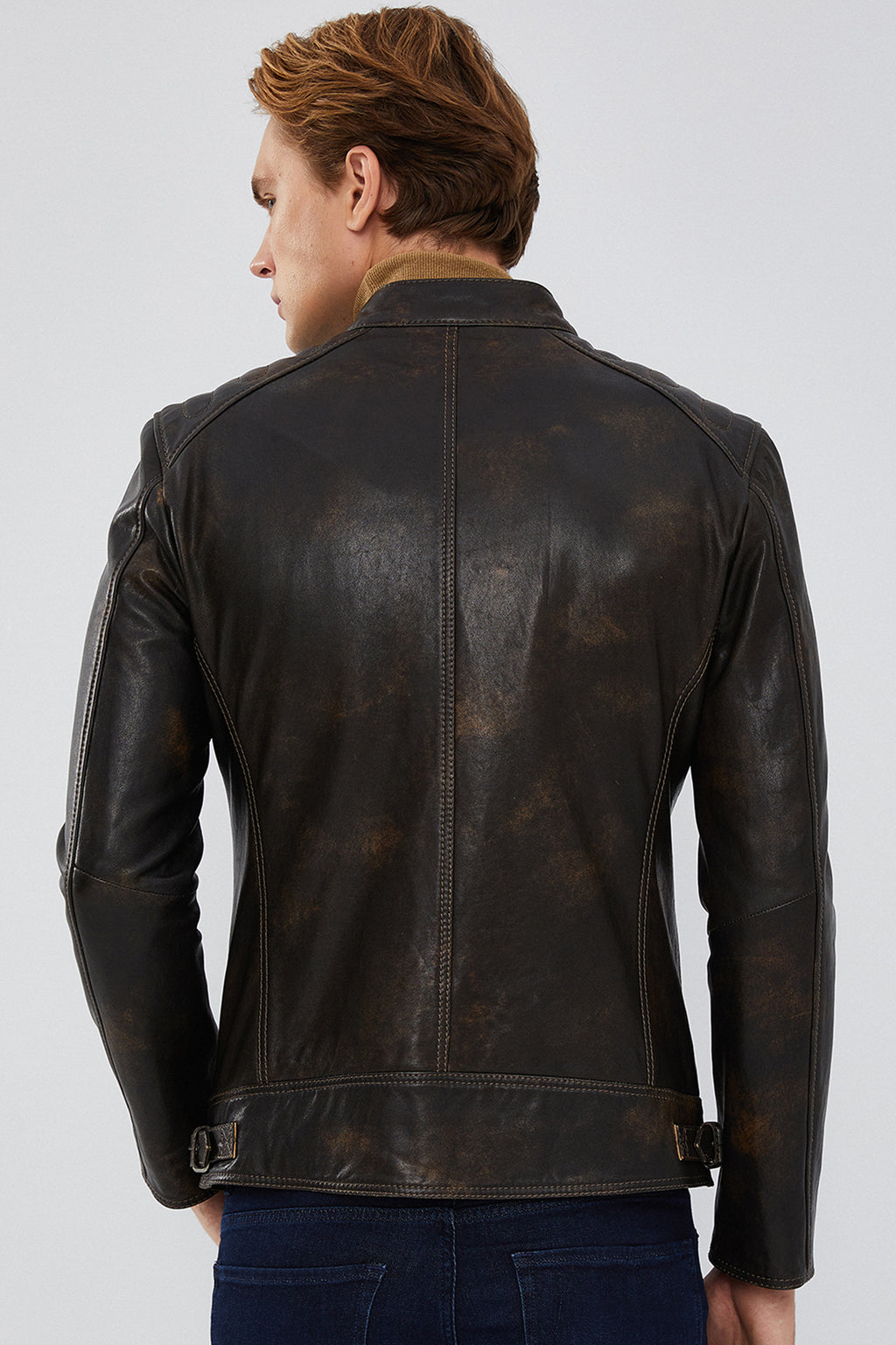 Durant Erkek Kahverengi Slim-Fit Vintage Deri Ceket