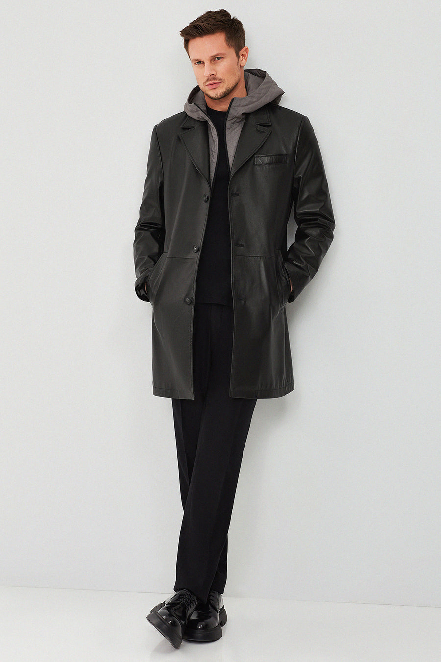 Dias Men's Black Hooded Long Leather Jacket