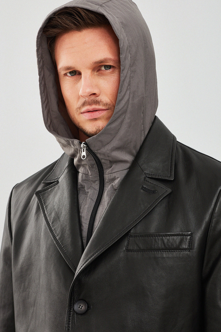 Dias Men's Black Hooded Long Leather Jacket