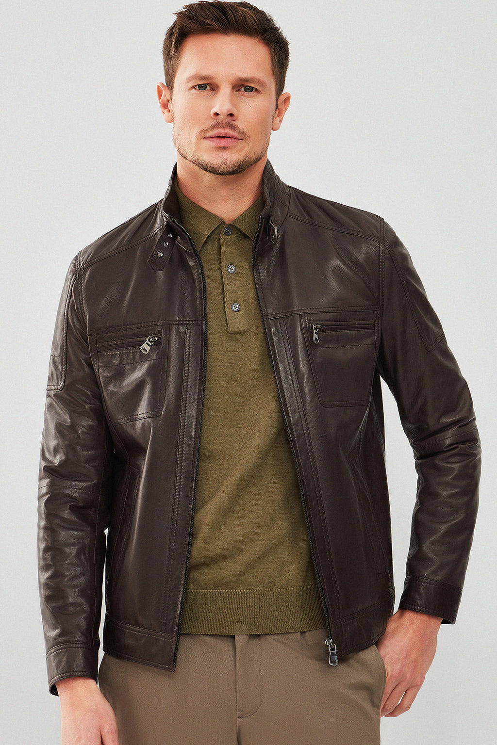 Wade Erkek Kahverengi Slim-Fit Deri Mont