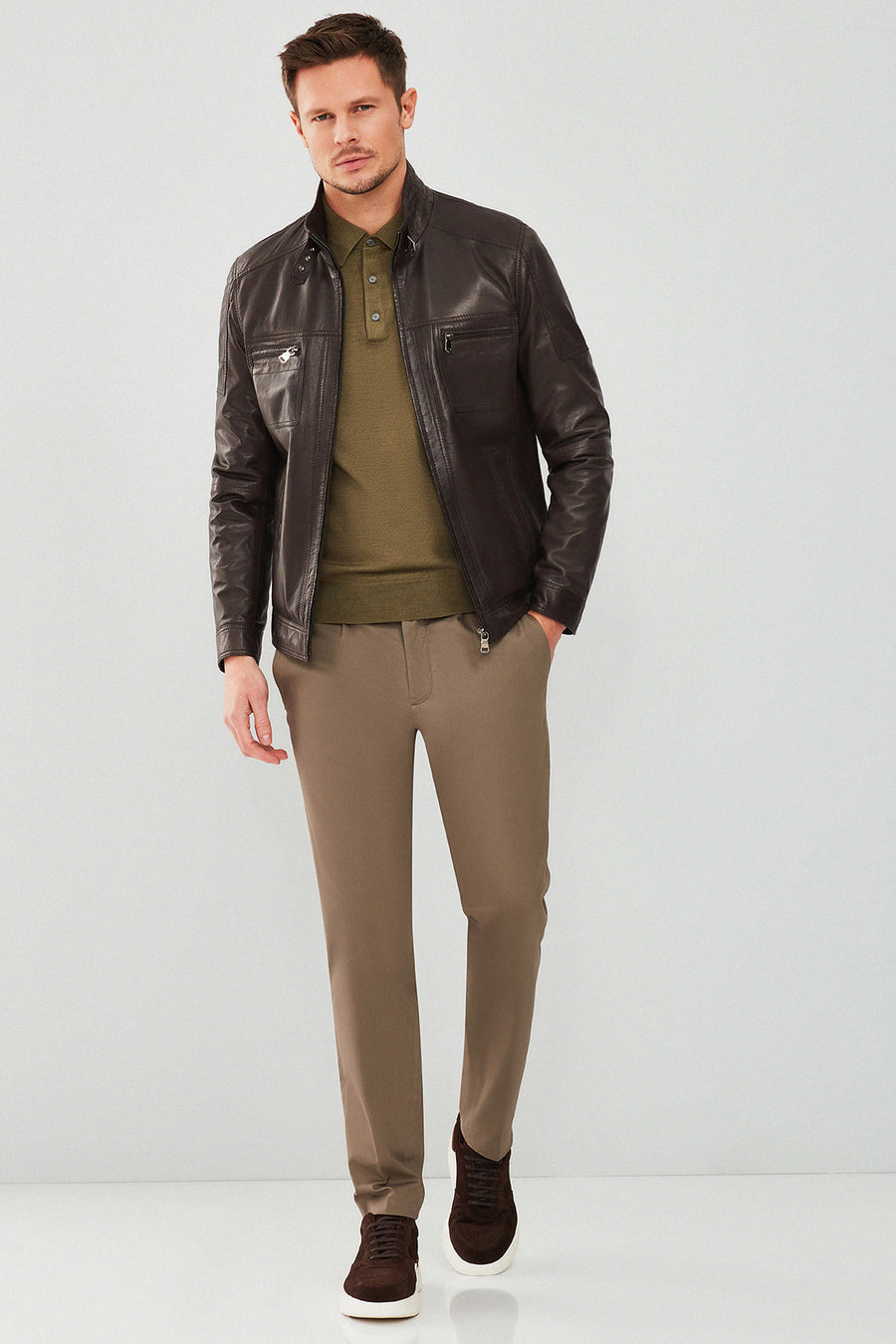 Wade Men's Brown Slim-Fit Leather Coat