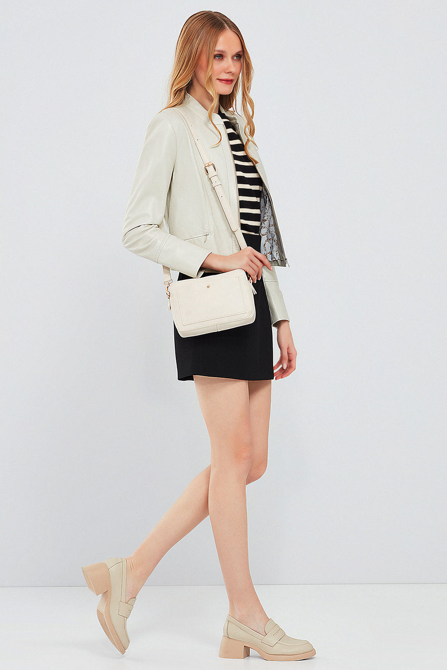 Viola Women's Beige Short Leather Jacket