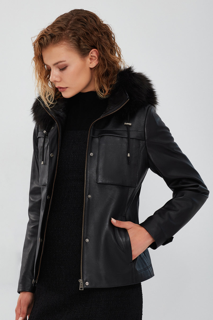Elenor Women's Black Hooded Fur Leather Jacket
