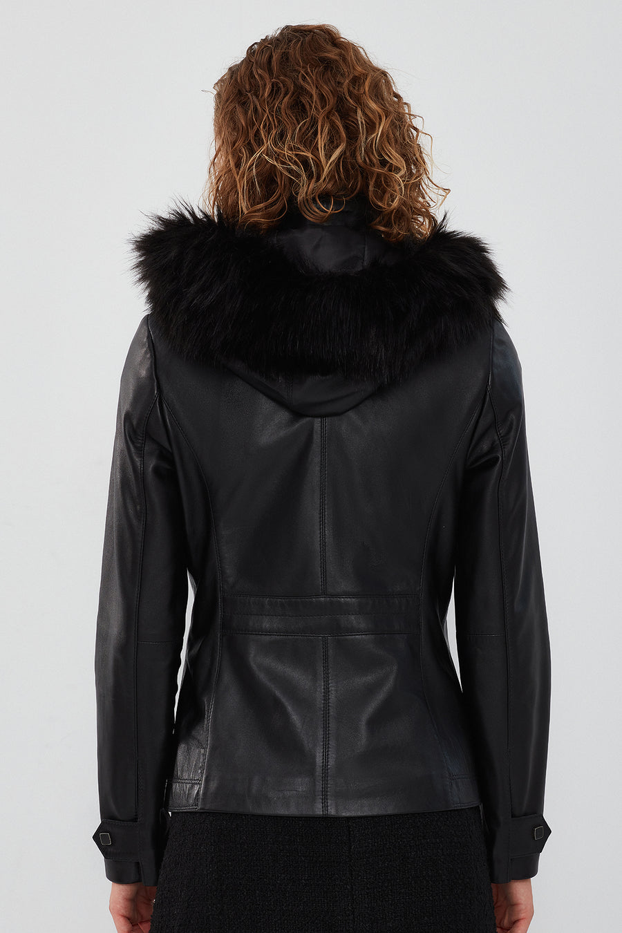 Elenor Women's Black Hooded Fur Leather Jacket