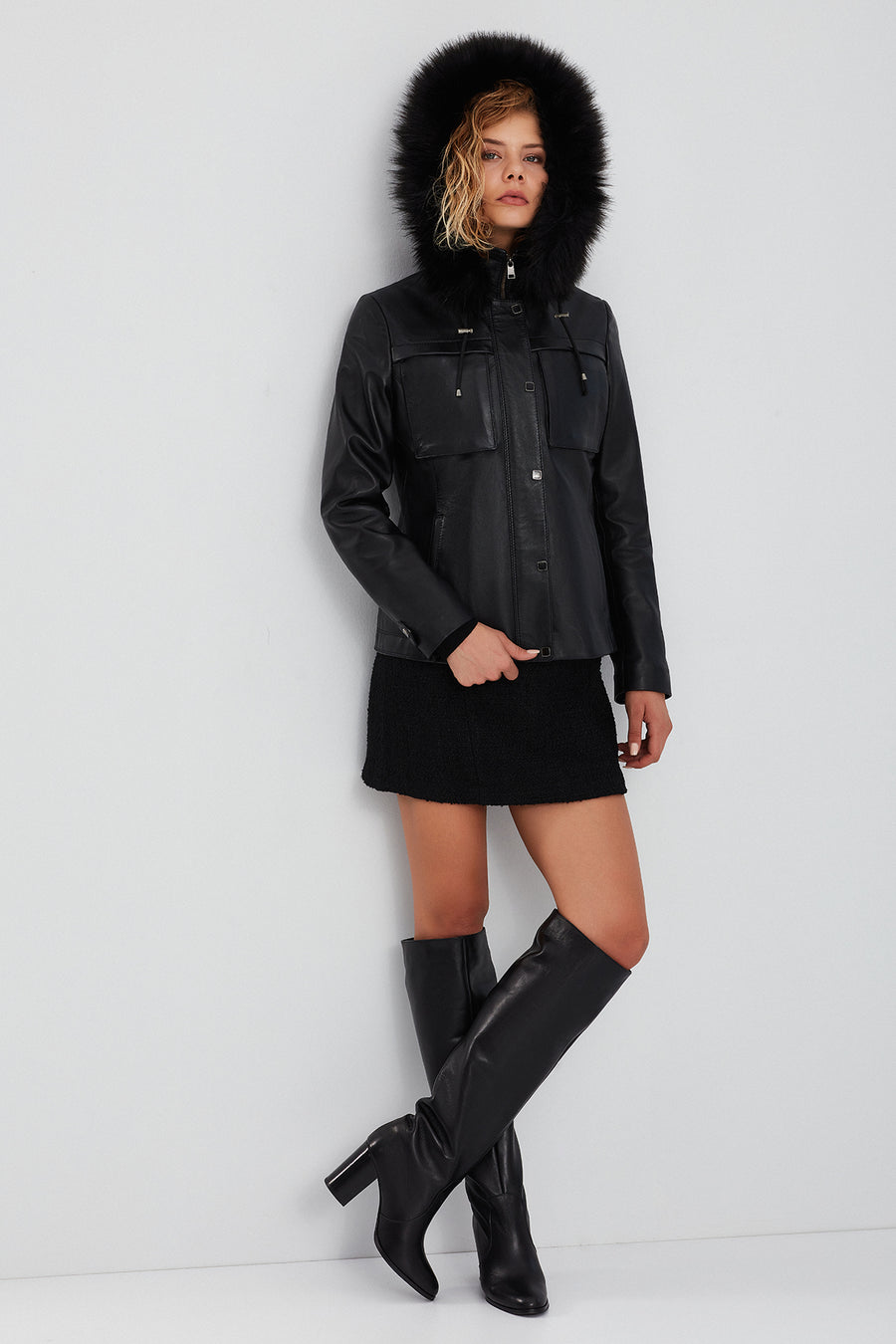 Elenor Women's Black Hooded Fur Leather Jacket