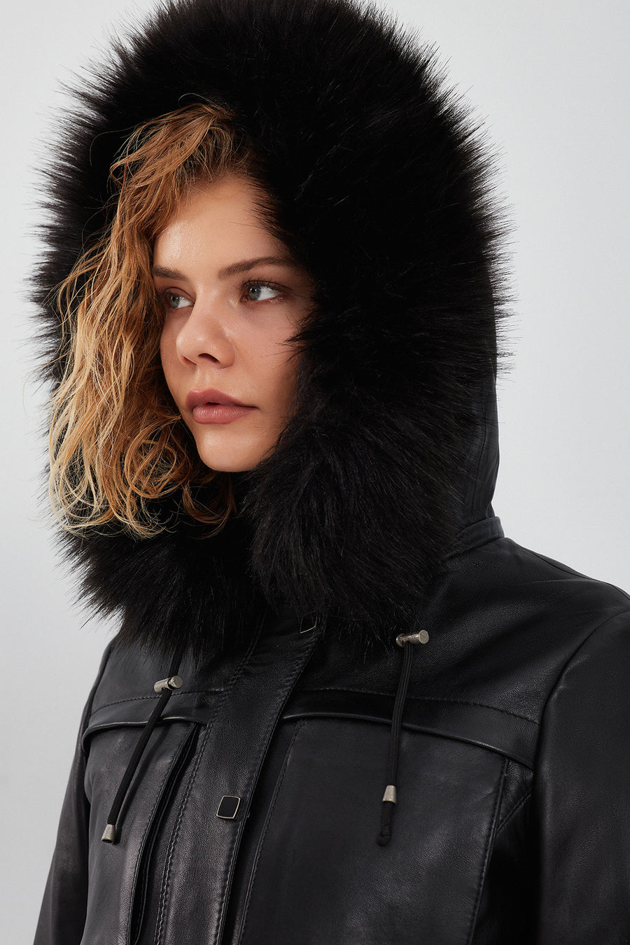 Elenor Women's Black Hooded Fur Leather Jacket