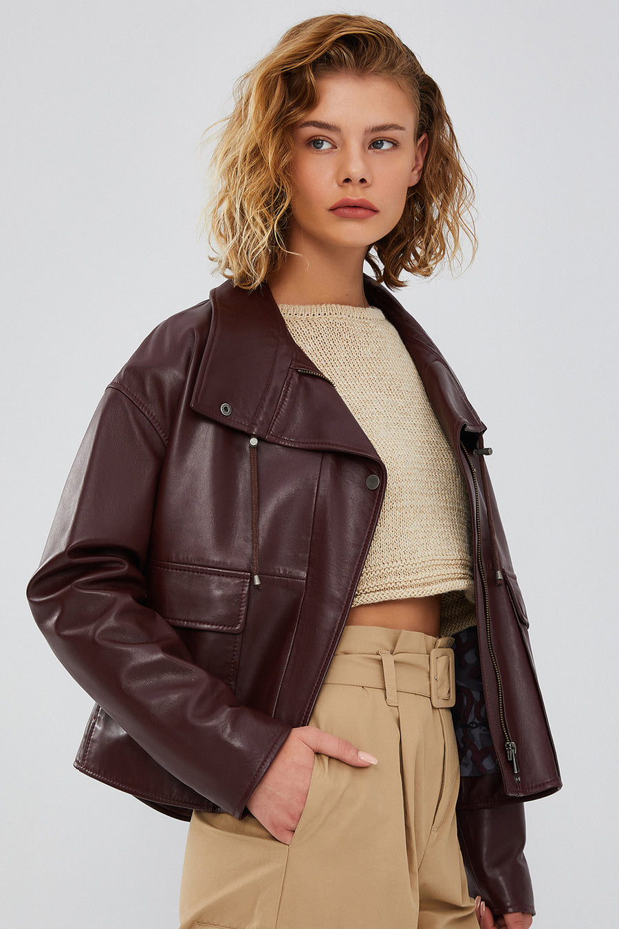 Nova Women's Burgundy Oversize Leather Jacket 23WGE5100R3 | Derimod