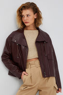 Nova Women's Burgundy Oversize Leather Jacket | Derimod