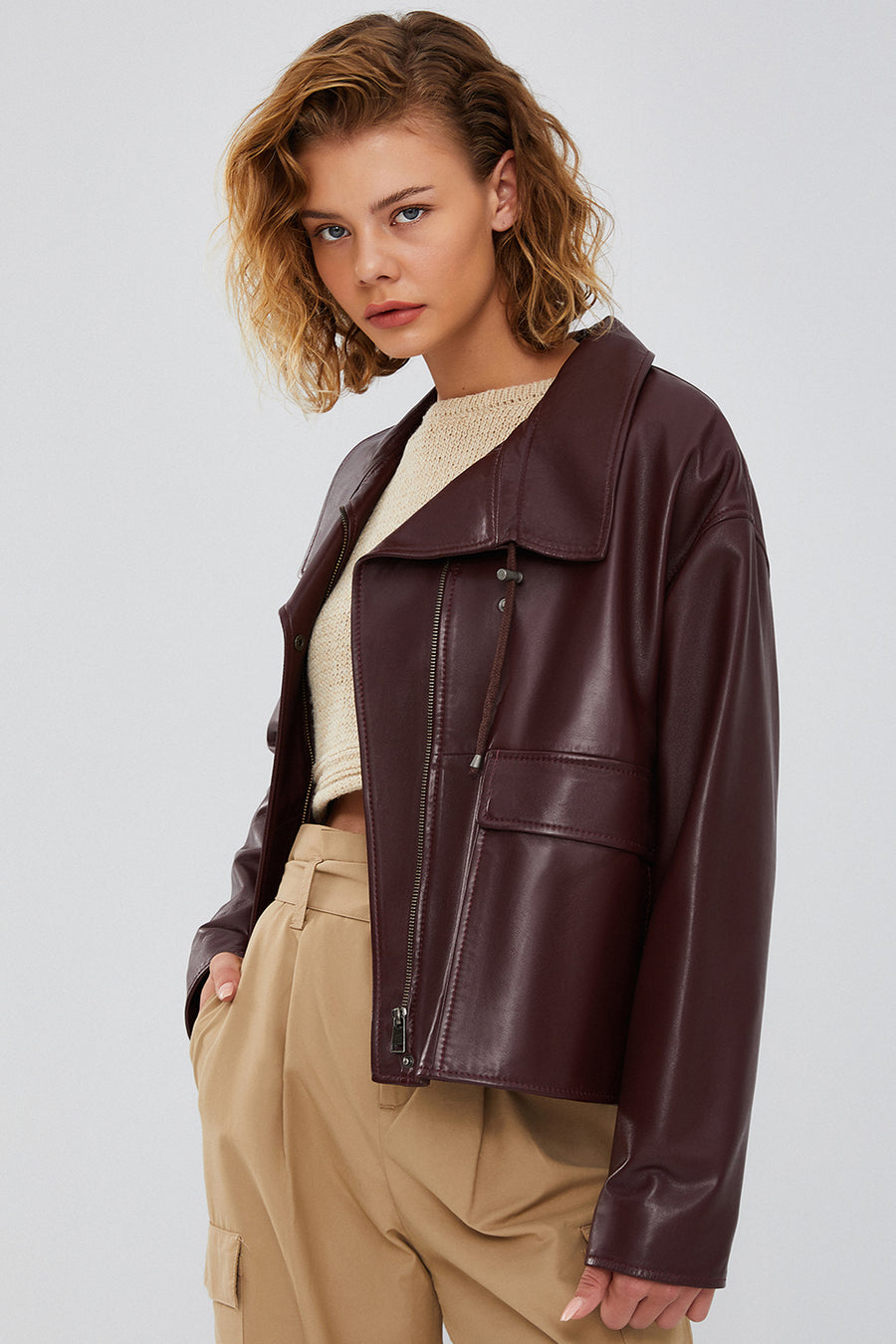 Nova Women's Burgundy Oversize Leather Jacket