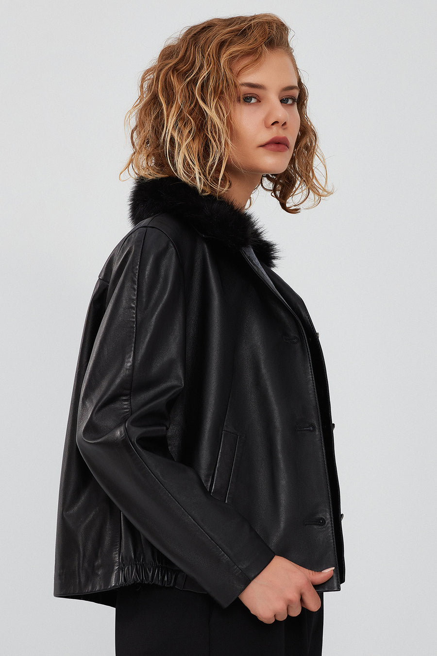Nina Women's Black Fur Collar Oversize Leather Jacket