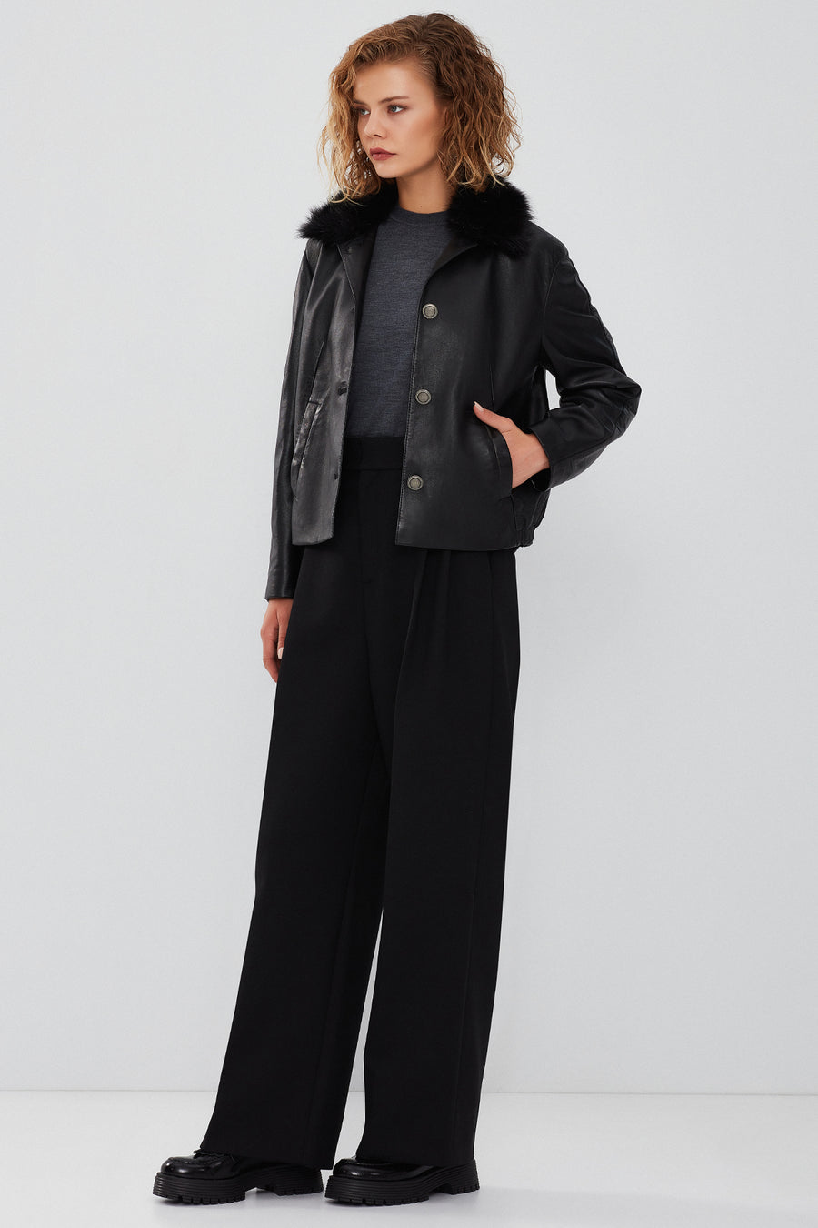 Nina Women's Black Fur Collar Oversize Leather Jacket