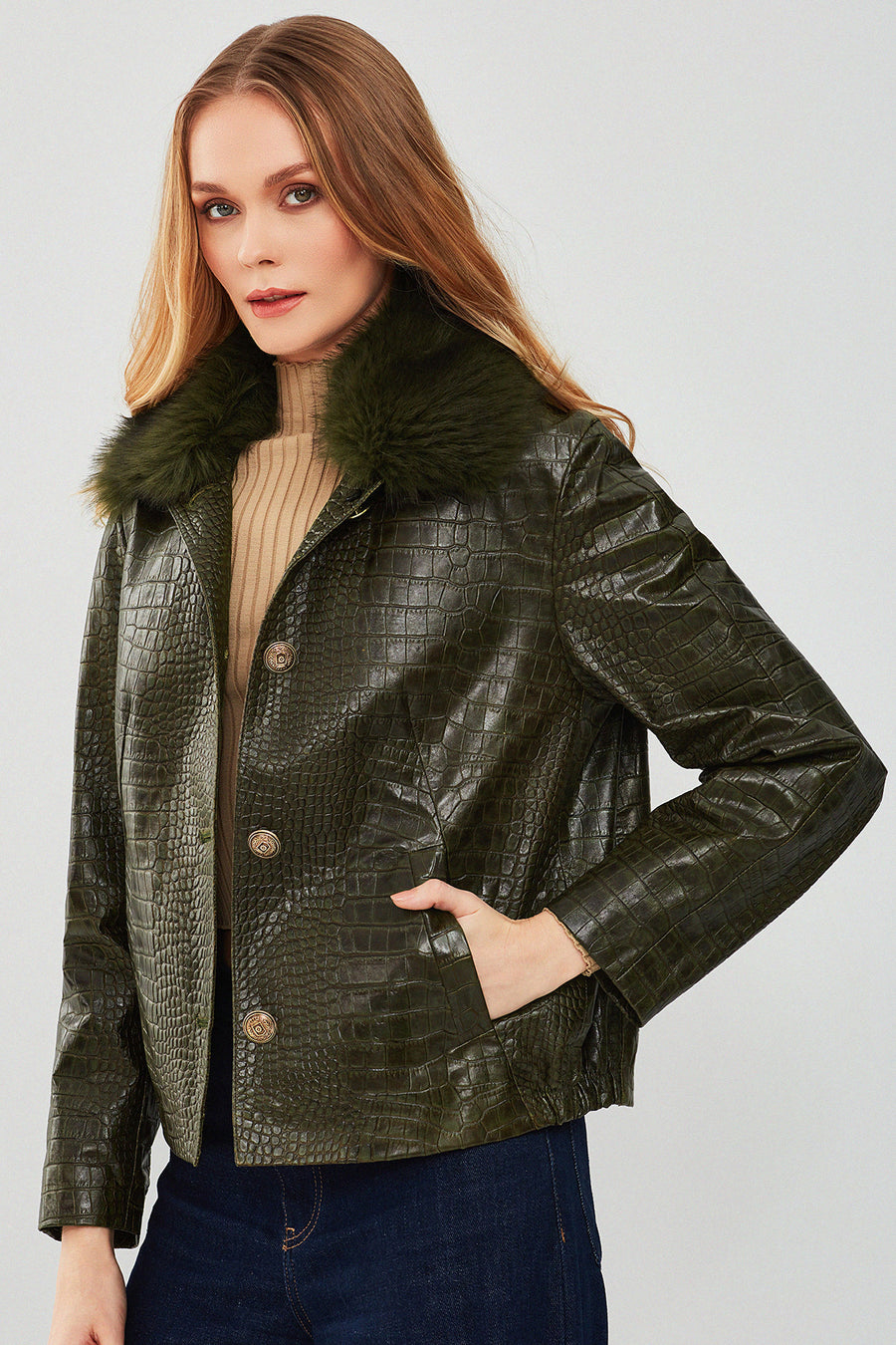 Nina Women's Green Collar Furry Oversize Printed Leather Jacket