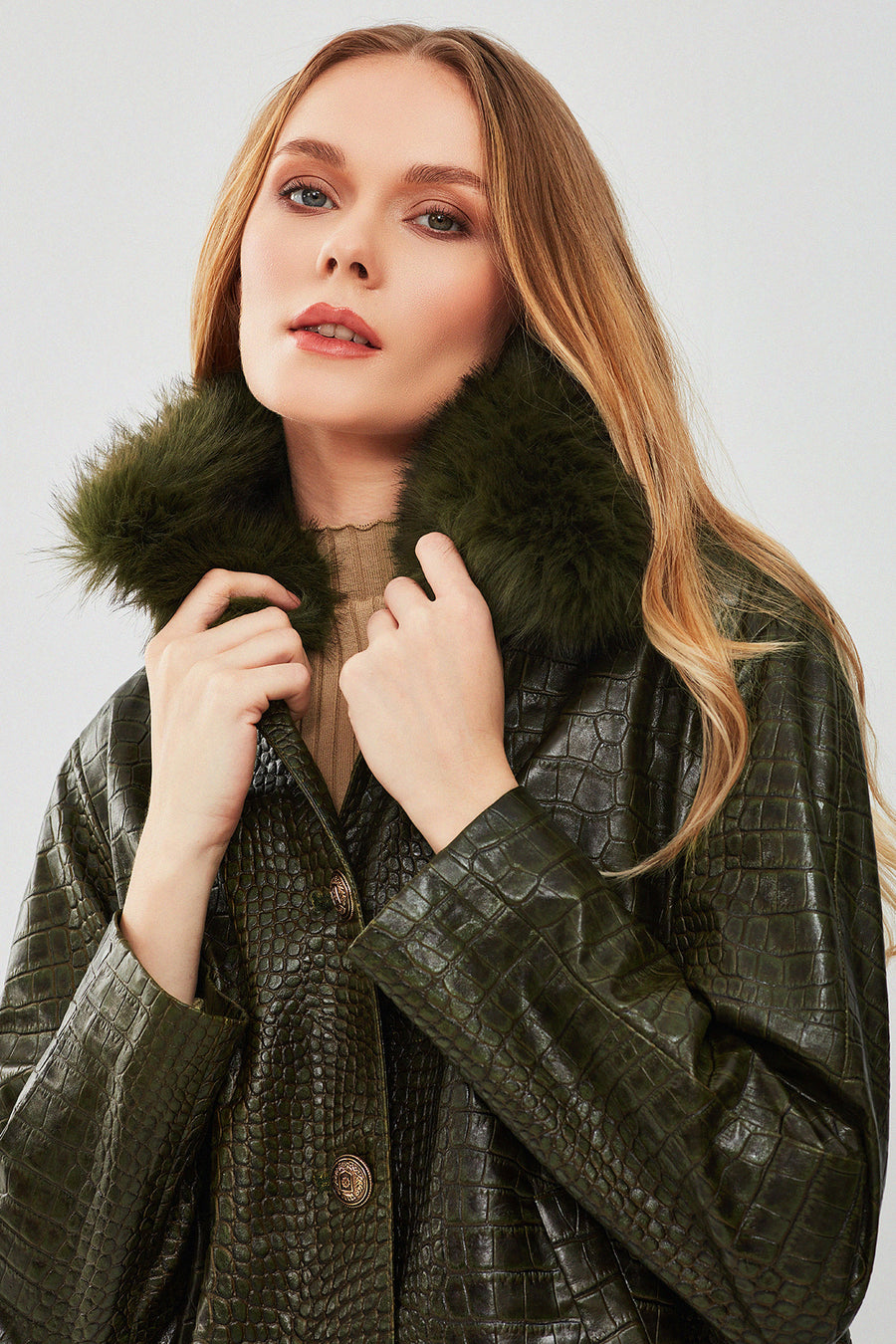 Nina Women's Green Collar Furry Oversize Printed Leather Jacket
