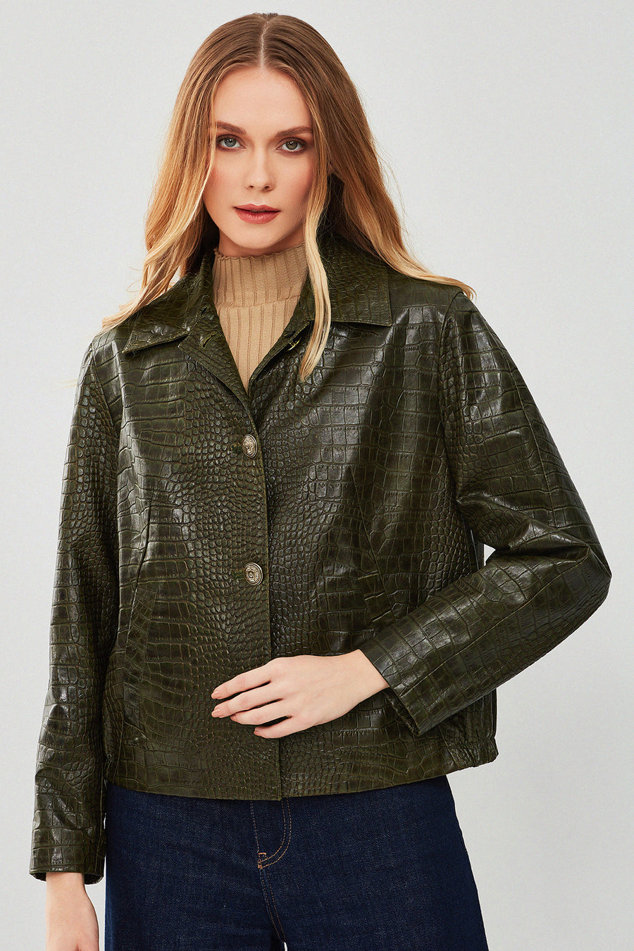 Nina Women's Green Collar Furry Oversize Printed Leather Jacket