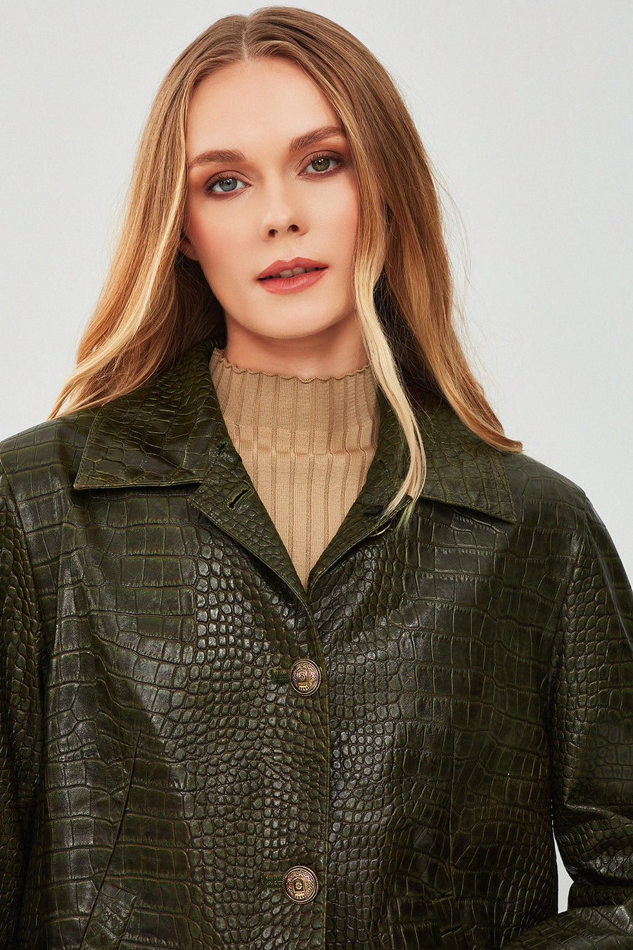 Nina Women's Green Collar Furry Oversize Printed Leather Jacket