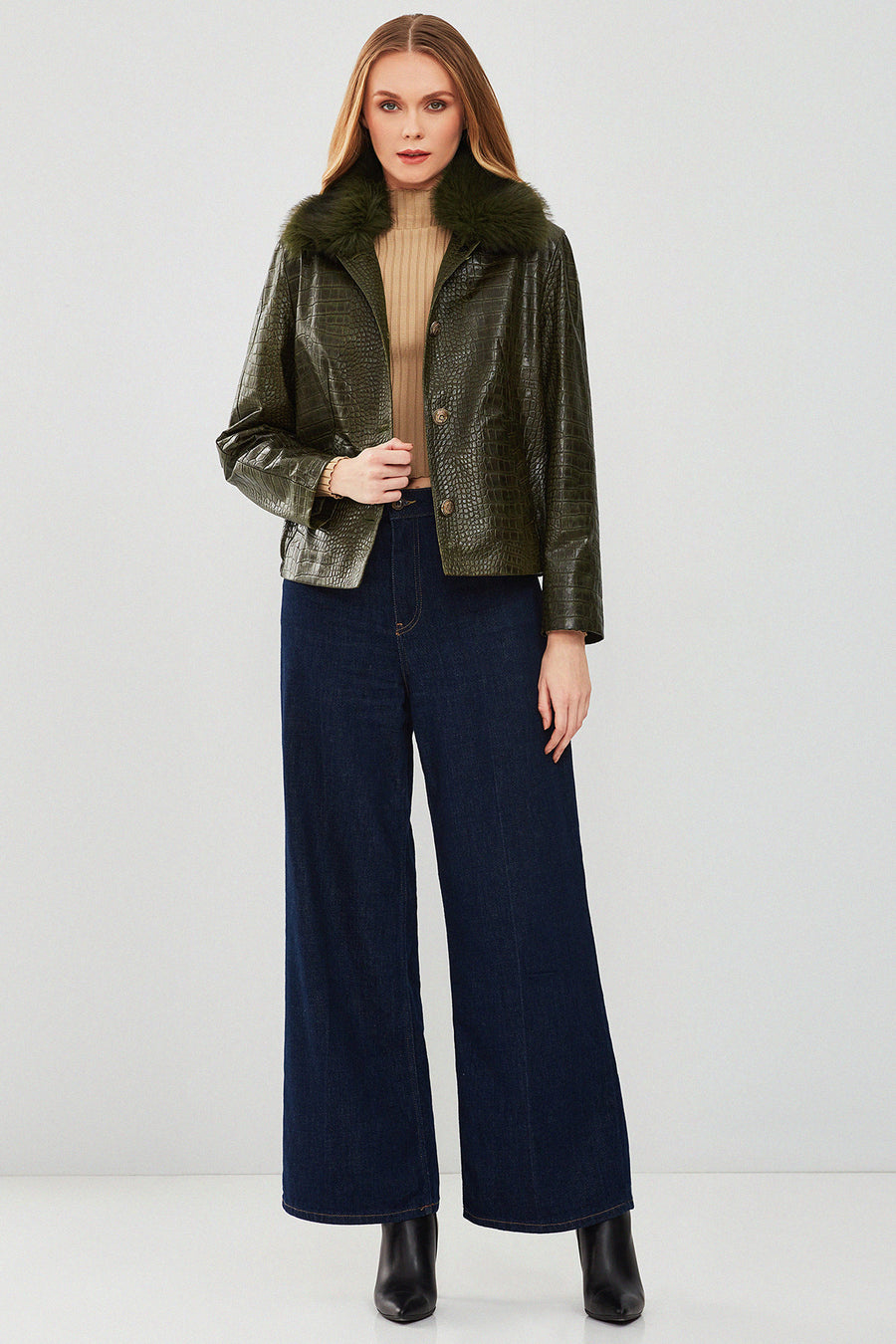Nina Women's Green Collar Furry Oversize Printed Leather Jacket