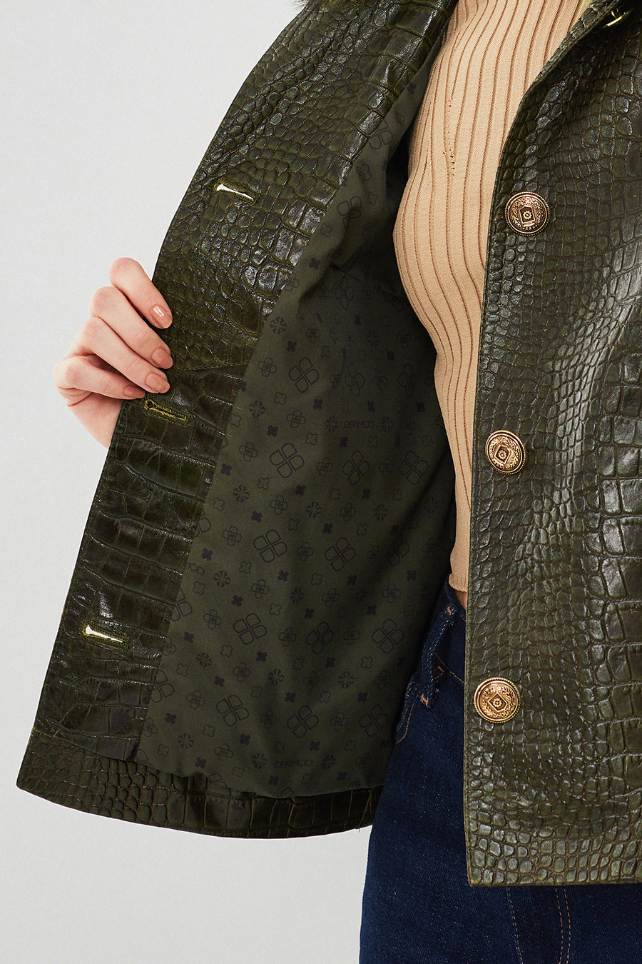 Nina Women's Green Collar Furry Oversize Printed Leather Jacket