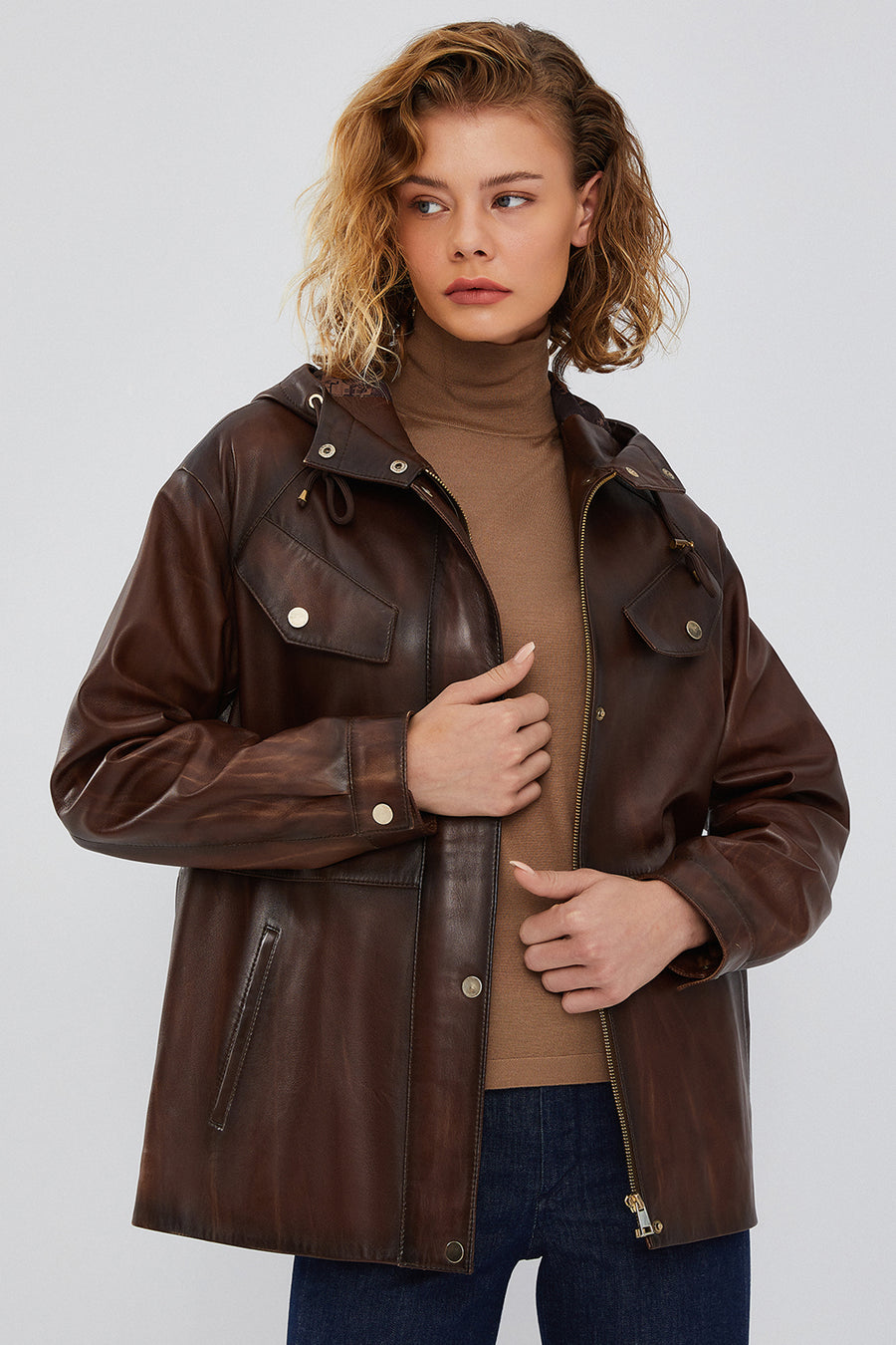 Greta Women's Brown Hooded Leather Coat 23WGE5102NC | Derimod
