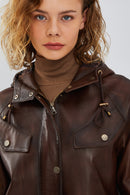 Greta Women's Brown Hooded Leather Coat | Derimod