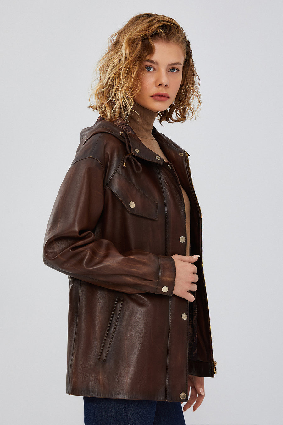 Greta Women's Brown Hooded Leather Coat