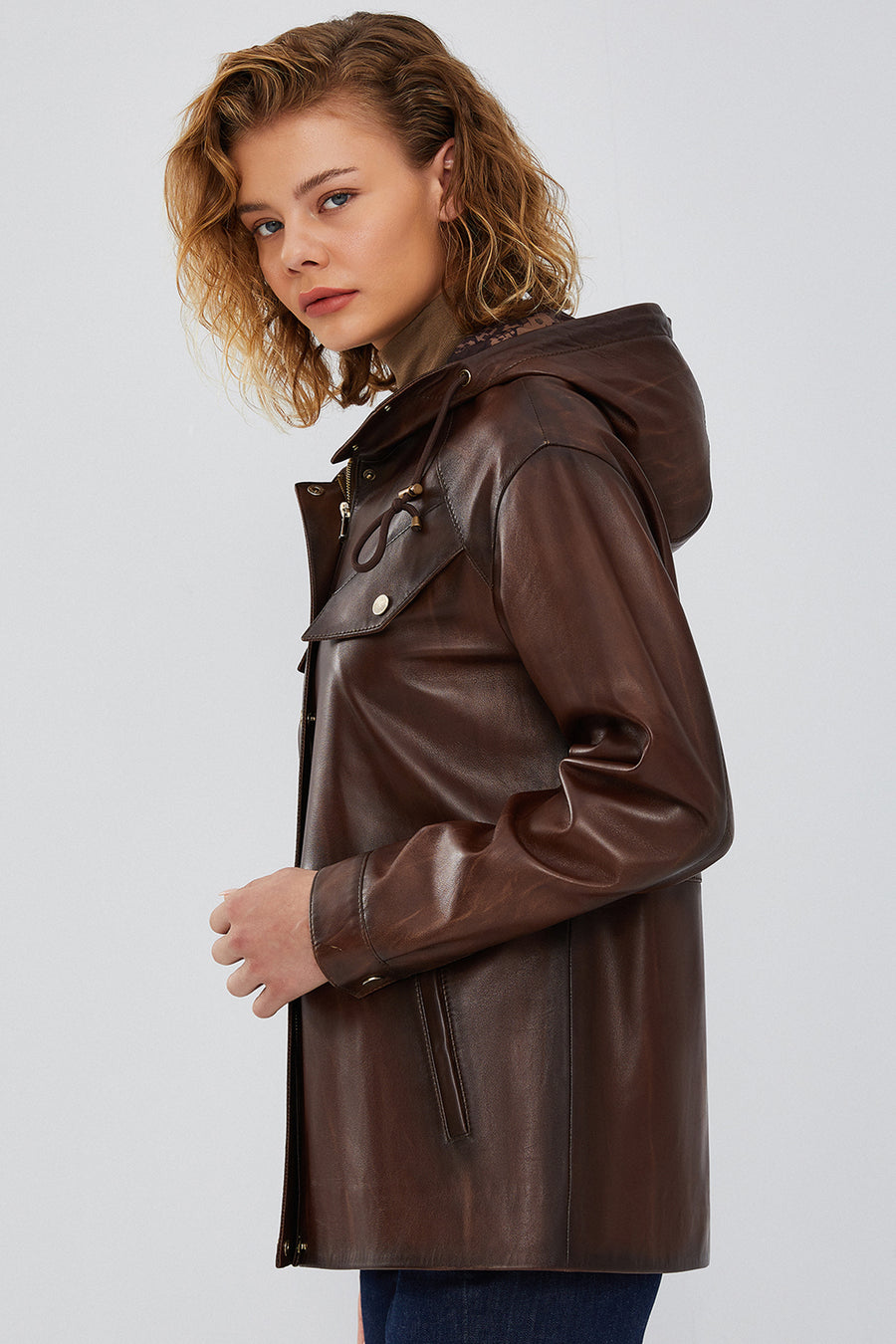 Greta Women's Brown Hooded Leather Coat