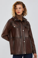 Greta Women's Brown Hooded Leather Coat | Derimod