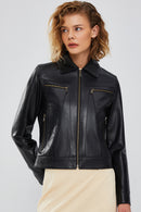 Hera Women's Black Short Leather Jacket | Derimod
