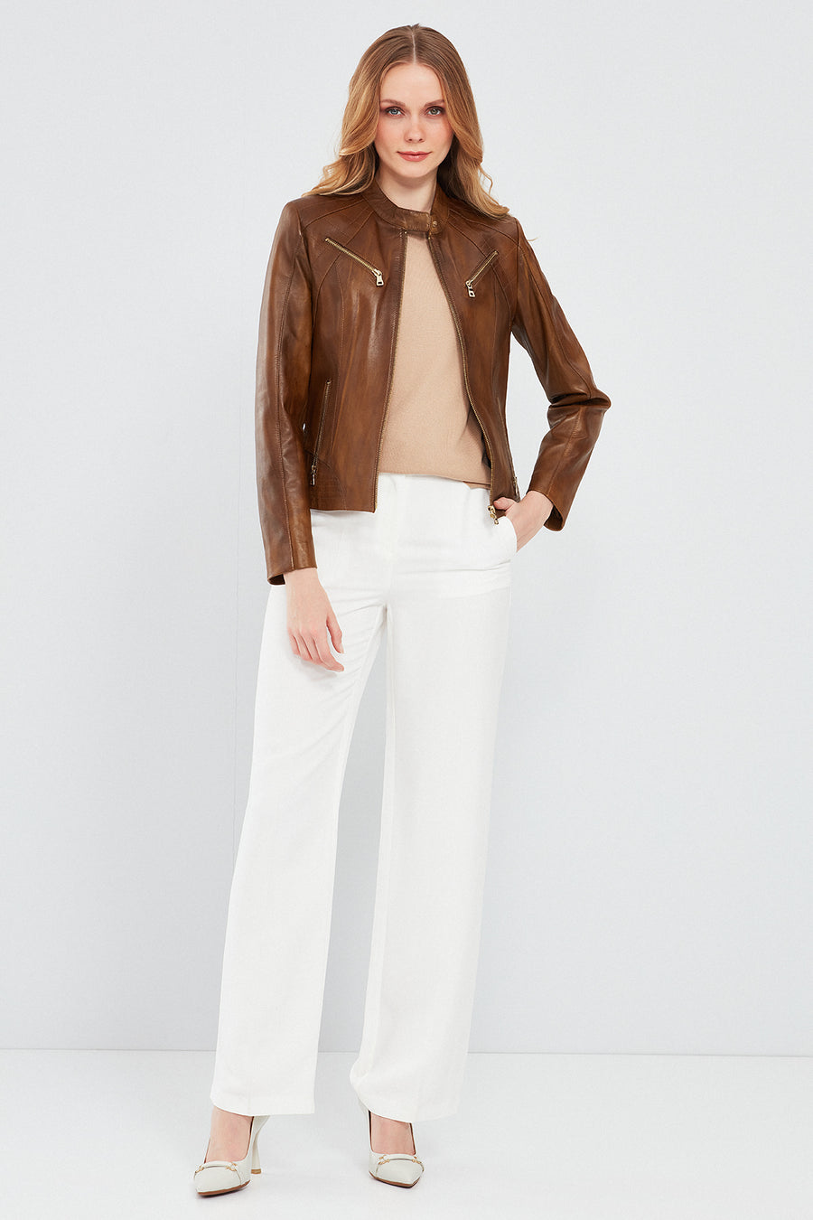 Lucky Women's Camel Sport Short Leather Jacket