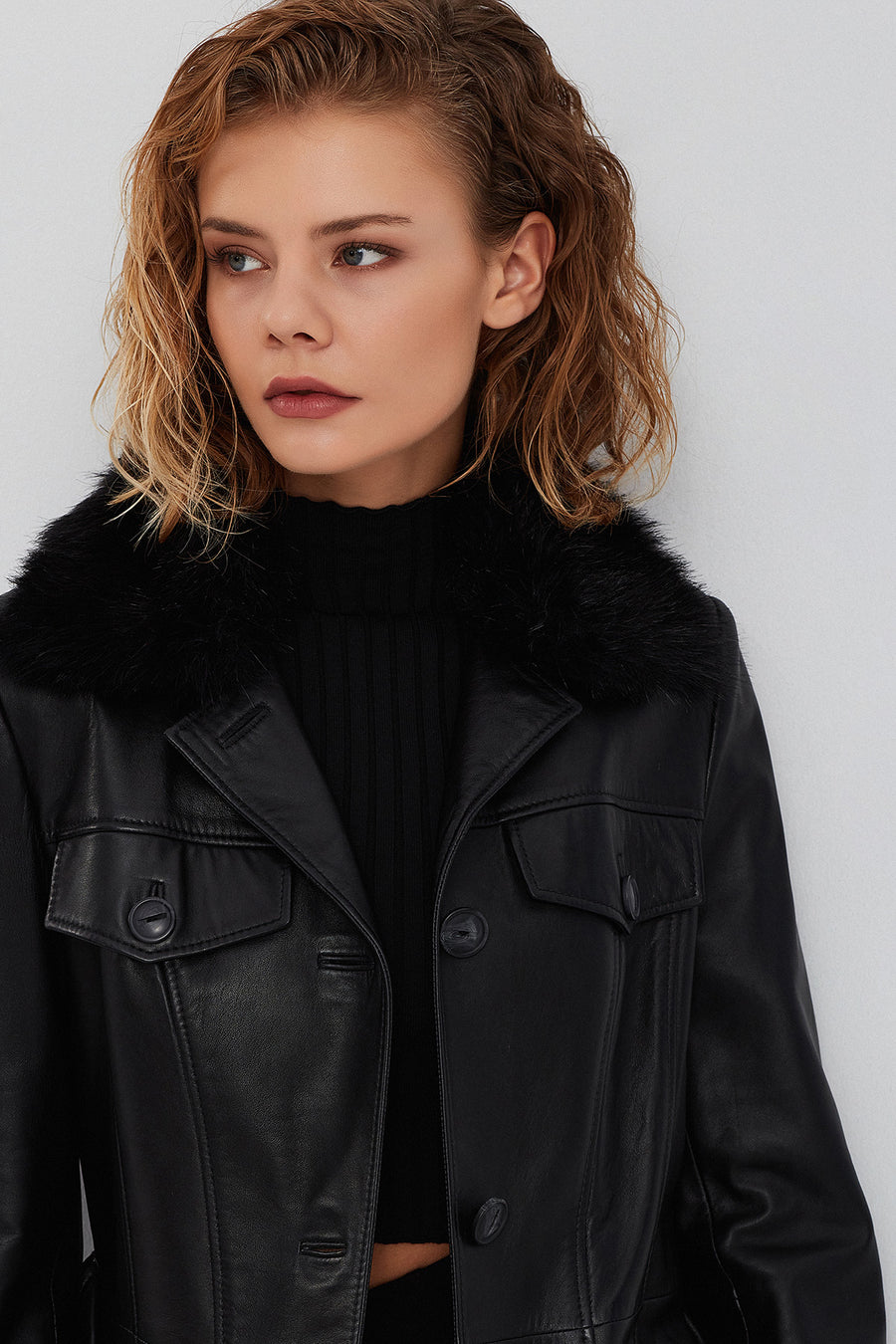 Fonda Women's Black Fur Leather Coat
