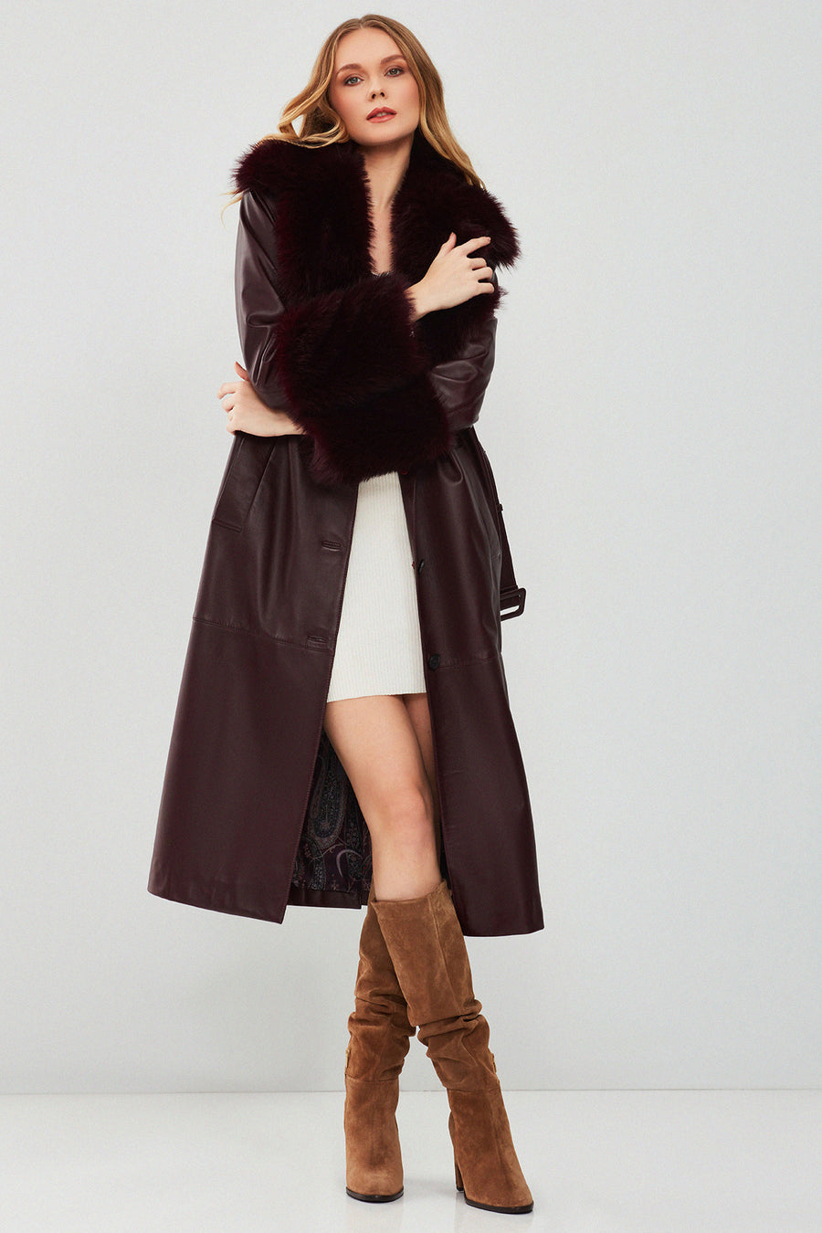 Penelope Women's Burgundy Fur Leather Coat