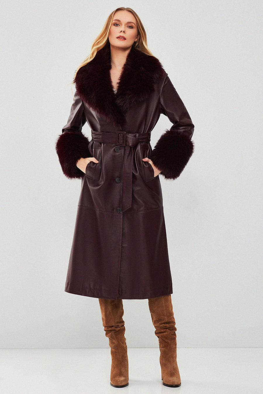 Penelope Women's Burgundy Fur Leather Coat