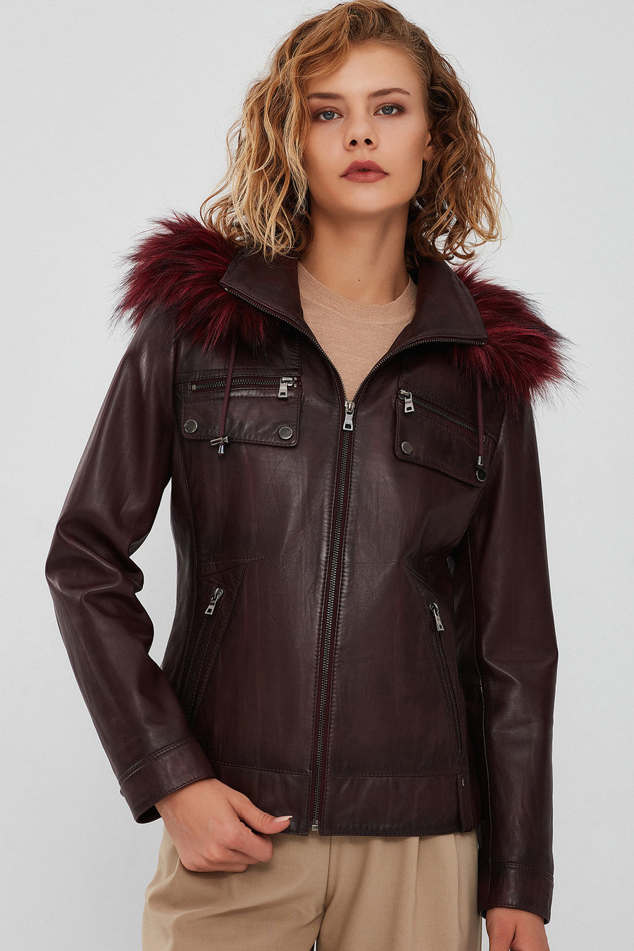 Monica Women's Burgundy Hooded Fur Leather Jacket 23WGE5121NC | Derimod