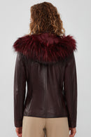 Monica Women's Burgundy Hooded Fur Leather Jacket | Derimod