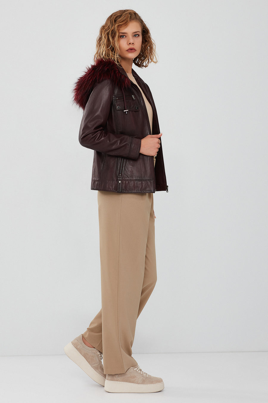 Monica Women's Burgundy Hooded Fur Leather Jacket