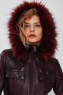 Monica Women's Burgundy Hooded Fur Leather Jacket | Derimod