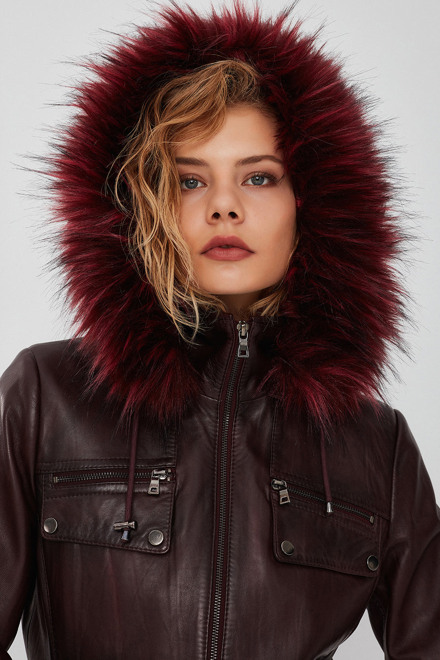 Monica Women's Burgundy Hooded Fur Leather Jacket