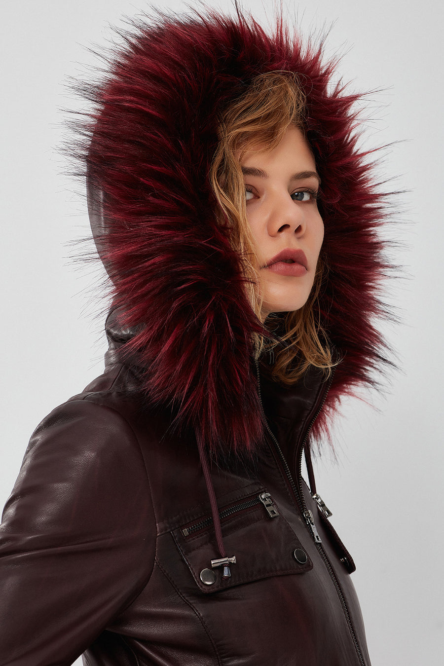 Monica Women's Burgundy Hooded Fur Leather Jacket