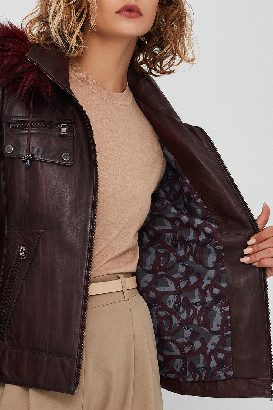 Monica Women's Burgundy Hooded Fur Leather Jacket