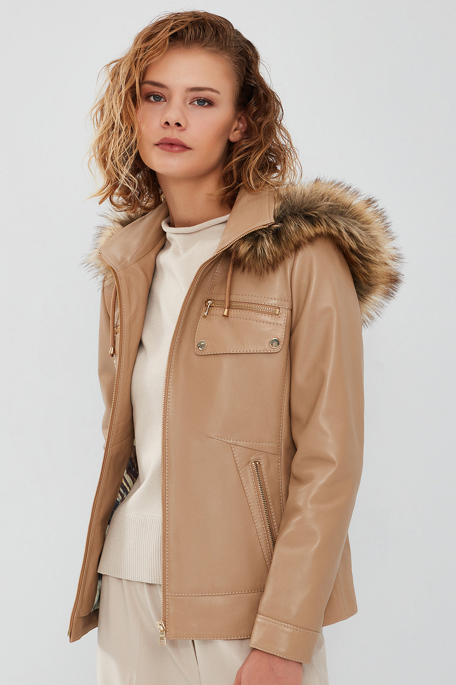 Monica Women's Beige Hooded Leather Coat with Fur Collar
