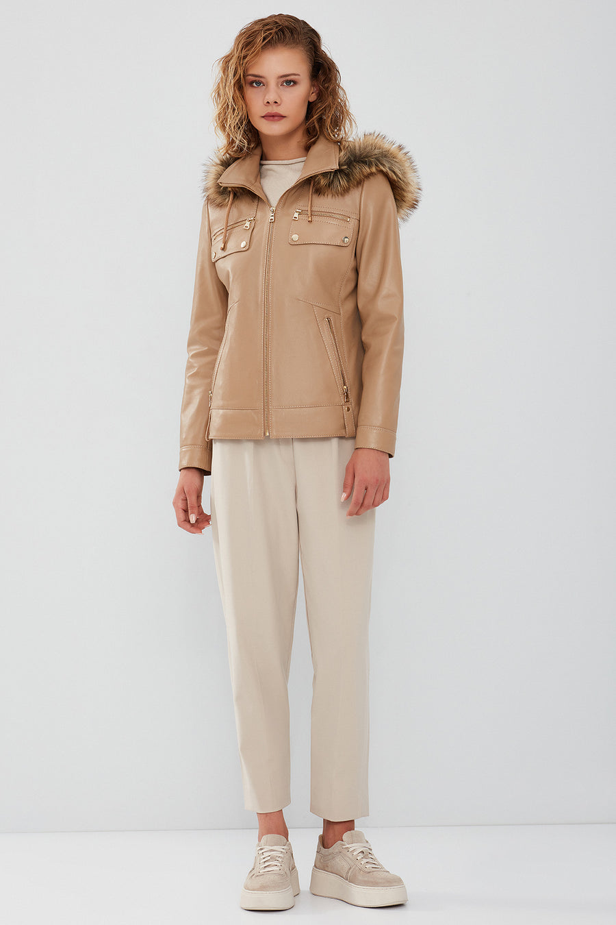Monica Women's Beige Hooded Leather Coat with Fur Collar
