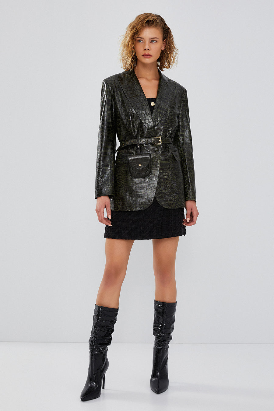 Karla Women's Green Printed Leather Blazer Jacket