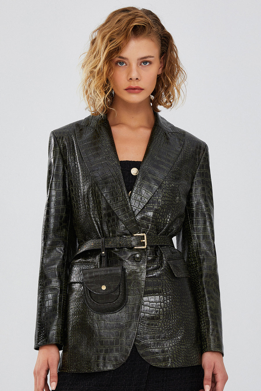 Karla Women's Green Printed Leather Blazer Jacket