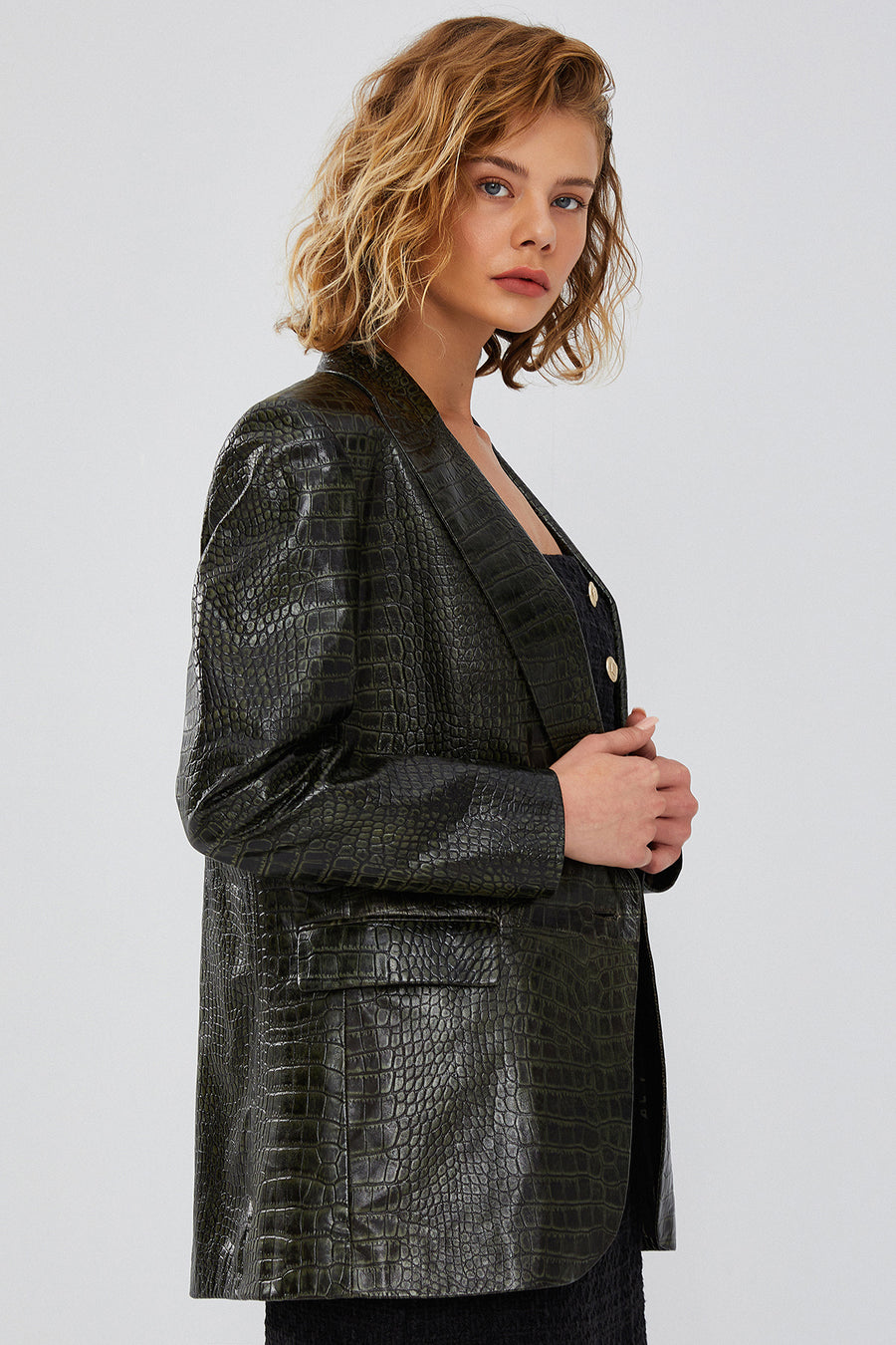 Karla Women's Green Printed Leather Blazer Jacket