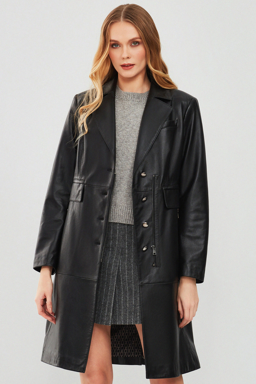 Cameron Women's Black Long Leather Jacket 23WGE51471M | Derimod