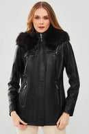 Betty Women's Black Hooded Fur Leather Coat | Derimod