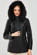 Betty Women's Black Hooded Fur Leather Coat | Derimod